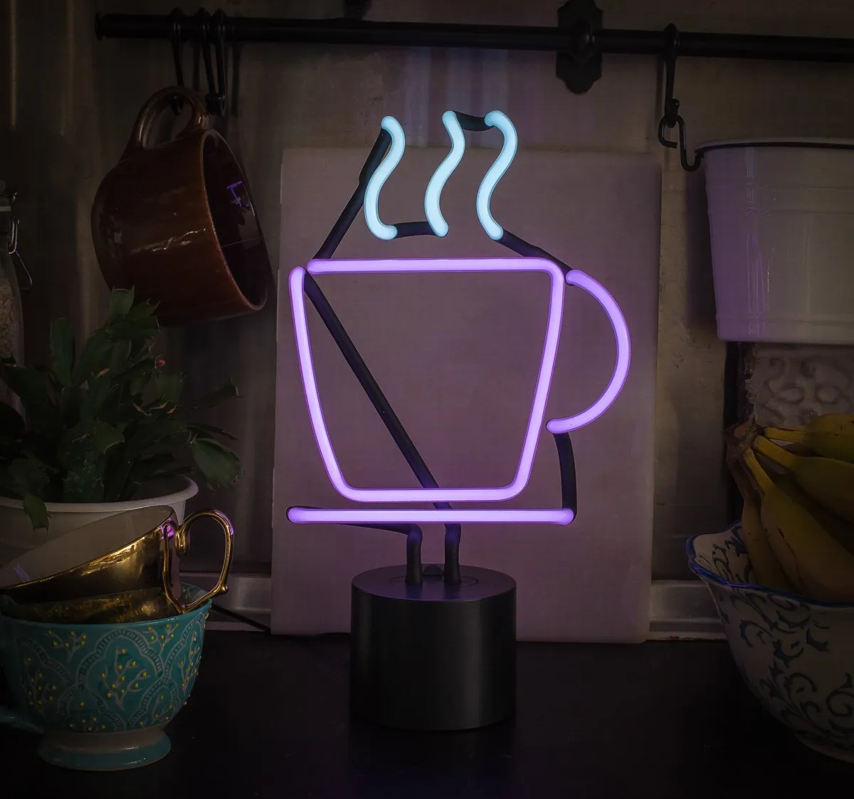 Amped & Co Coffee Cup Neon Table Light, Real Neon Cafe Sign, Purple with White Steam