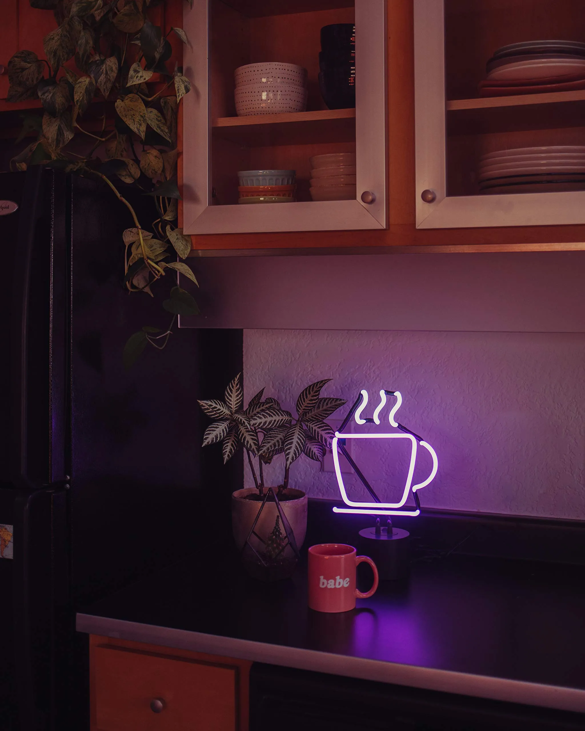 Amped & Co Coffee Cup Neon Table Light, Real Neon Cafe Sign, Purple with White Steam