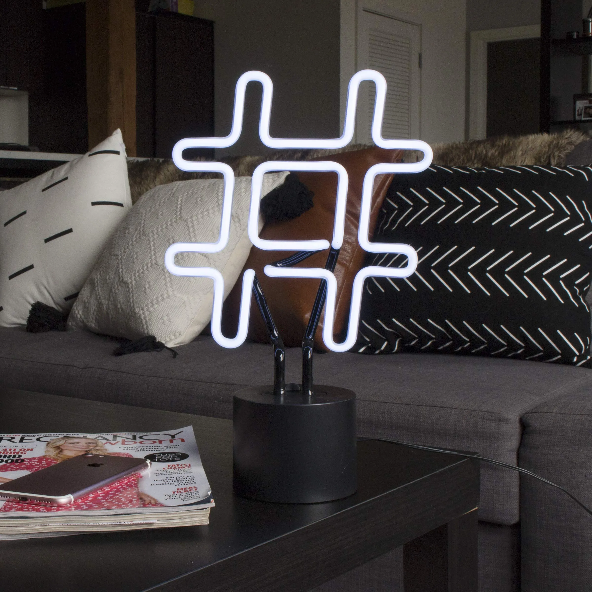 Amped & Co Neon Hashtag Symbol Desk Light, Real Neon, White, Large 8 x 13 inches, Home