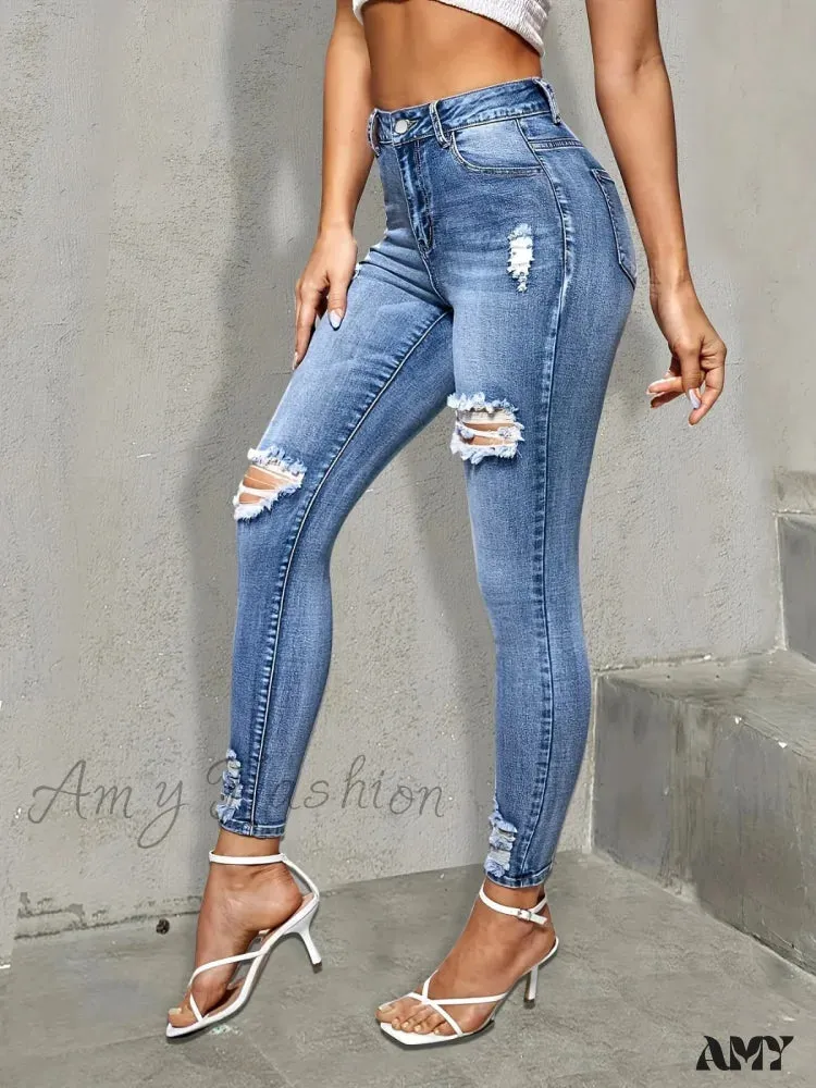 Amy Fashion - Blue Ripped Holes Skinny Slim Fit High Stretch Distressed Tight Women's Denim & Clothing Jean