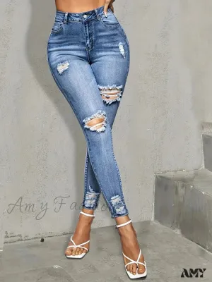 Amy Fashion - Blue Ripped Holes Skinny Slim Fit High Stretch Distressed Tight Women's Denim & Clothing Jean