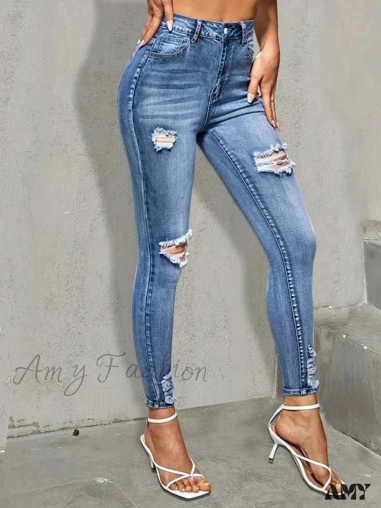 Amy Fashion - Blue Ripped Holes Skinny Slim Fit High Stretch Distressed Tight Women's Denim & Clothing Jean