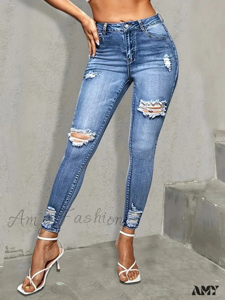 Amy Fashion - Blue Ripped Holes Skinny Slim Fit High Stretch Distressed Tight Women's Denim & Clothing Jean
