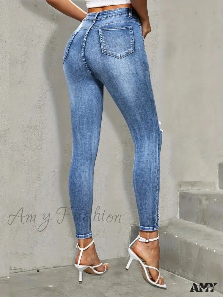 Amy Fashion - Blue Ripped Holes Skinny Slim Fit High Stretch Distressed Tight Women's Denim & Clothing Jean