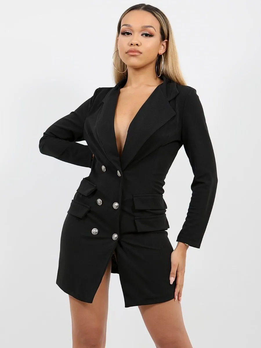 Anna Button Front Plunge Blazer Dress In Black