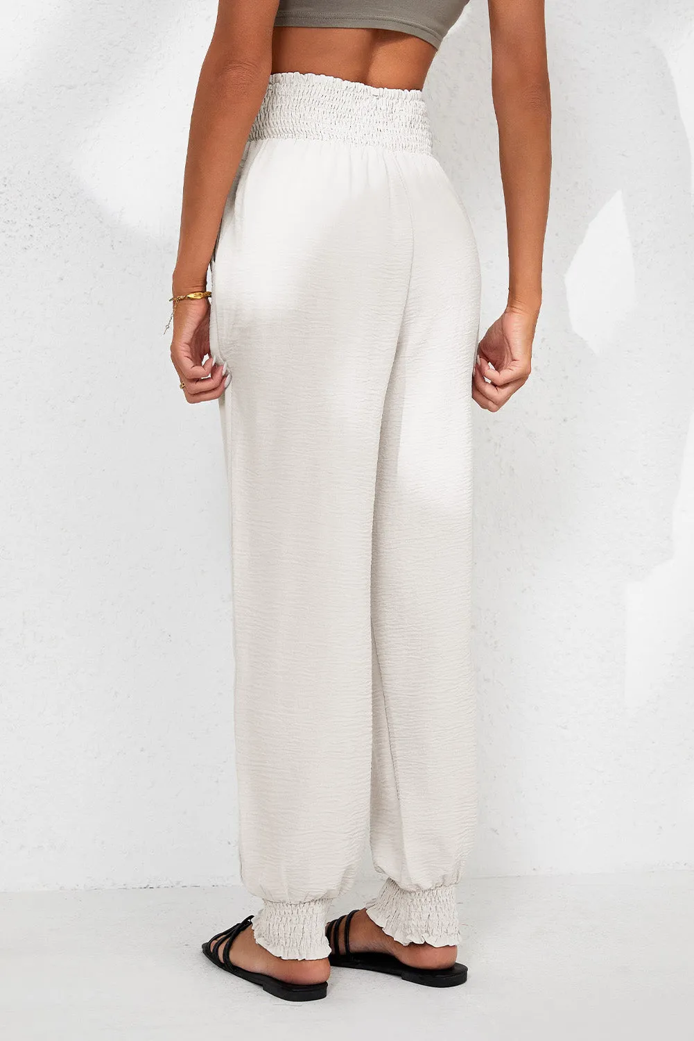 Apricot Linen Shirred High Waist Pocket Jogger Pants
