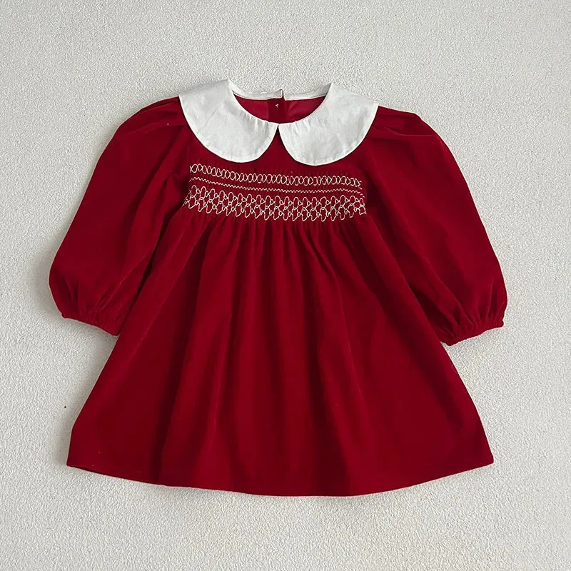 Baby Girls Wine Velvet Dress with Pan Collar