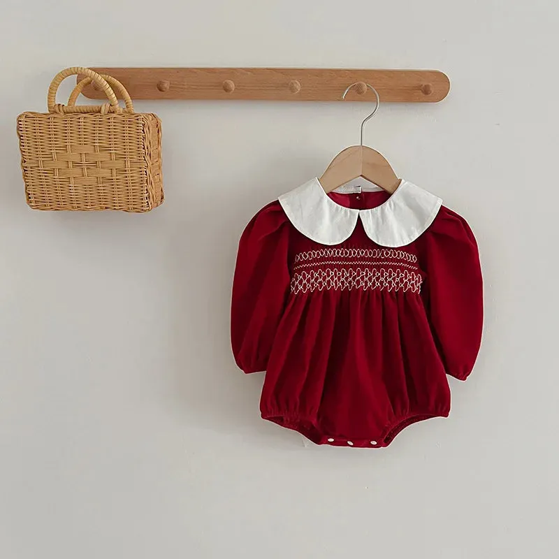 Baby Girls Wine Velvet Dress with Pan Collar