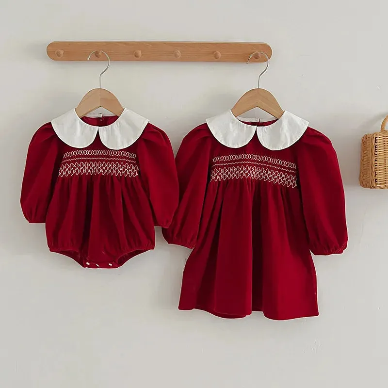 Baby Girls Wine Velvet Dress with Pan Collar