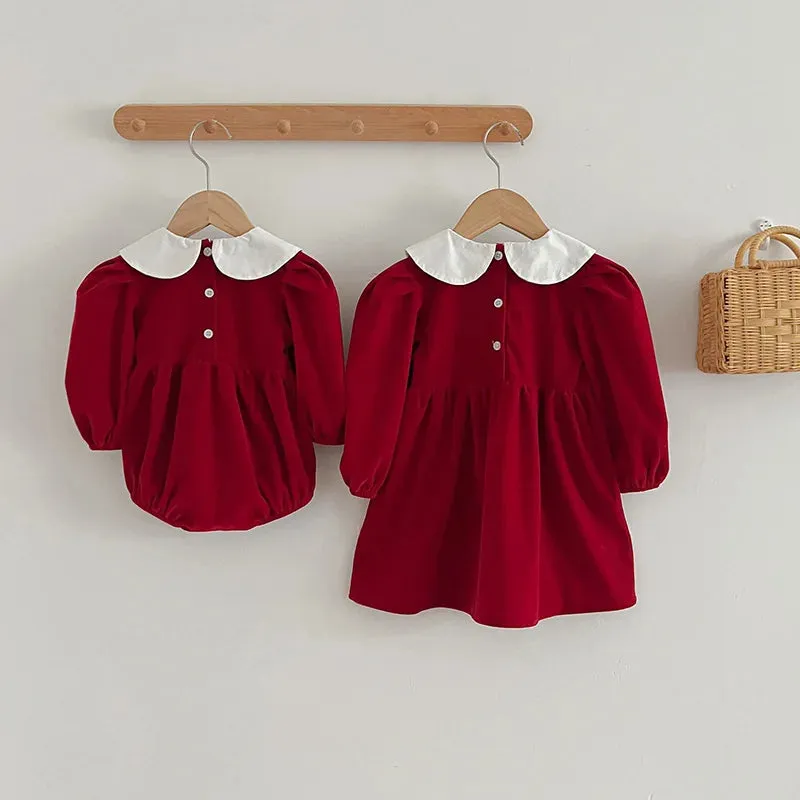 Baby Girls Wine Velvet Dress with Pan Collar
