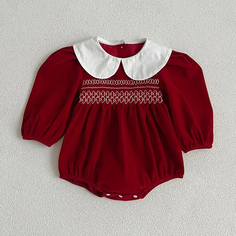 Baby Girls Wine Velvet Dress with Pan Collar