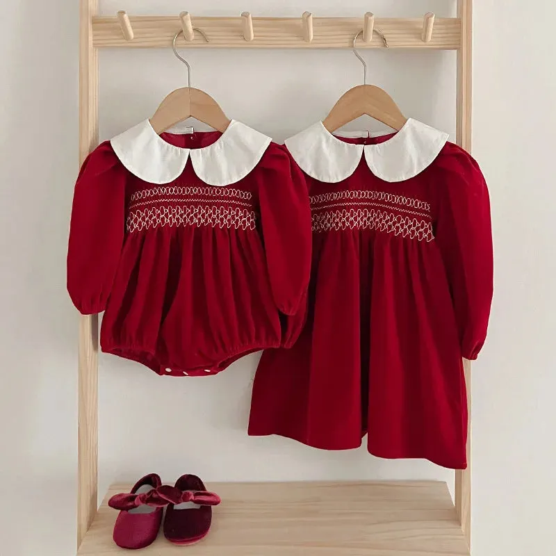 Baby Girls Wine Velvet Dress with Pan Collar