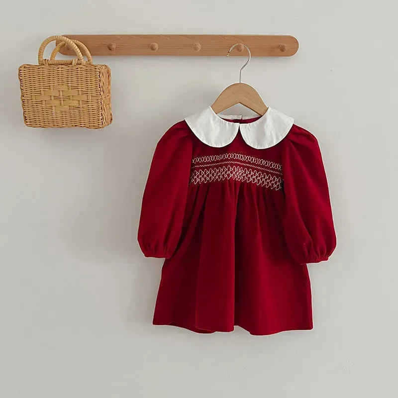 Baby Girls Wine Velvet Dress with Pan Collar