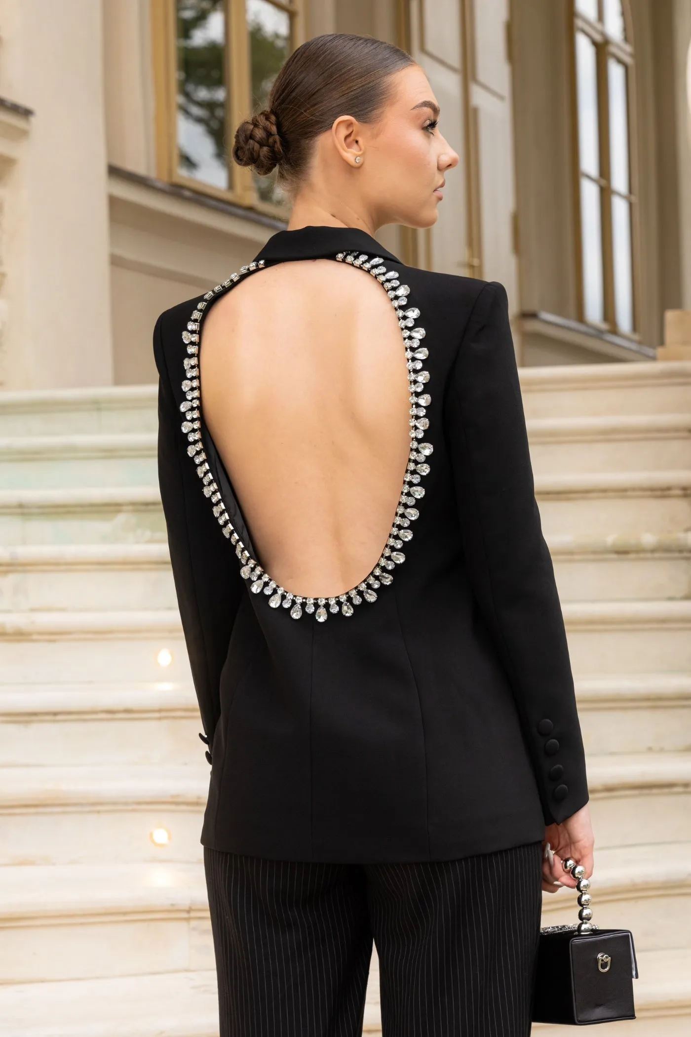 Back Cutout Diamonds Blazer - Black