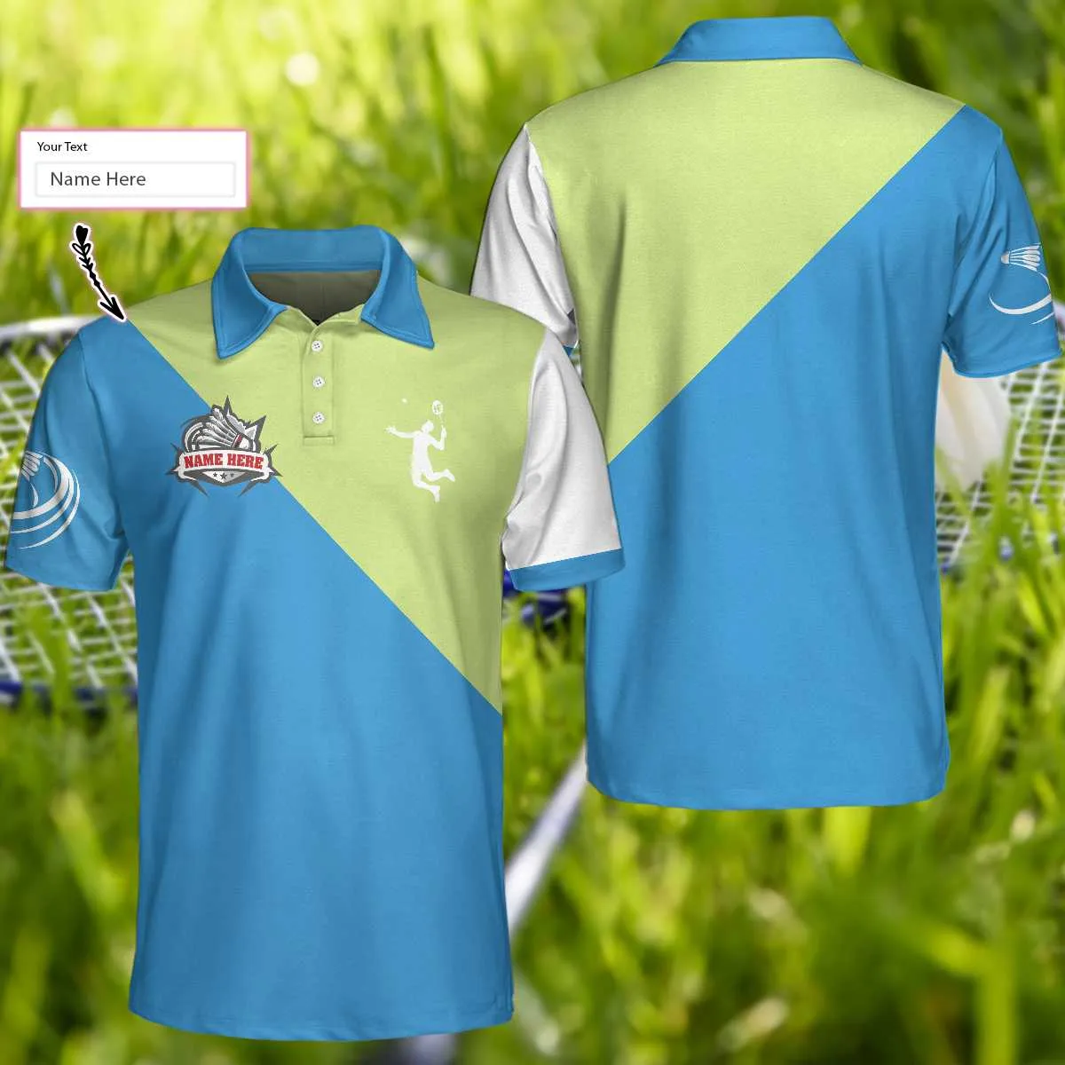 Badminton Short Sleeve Custom Polo Shirt, Personalized Polo Shirt, Blue Green Badminton Shirt For Men