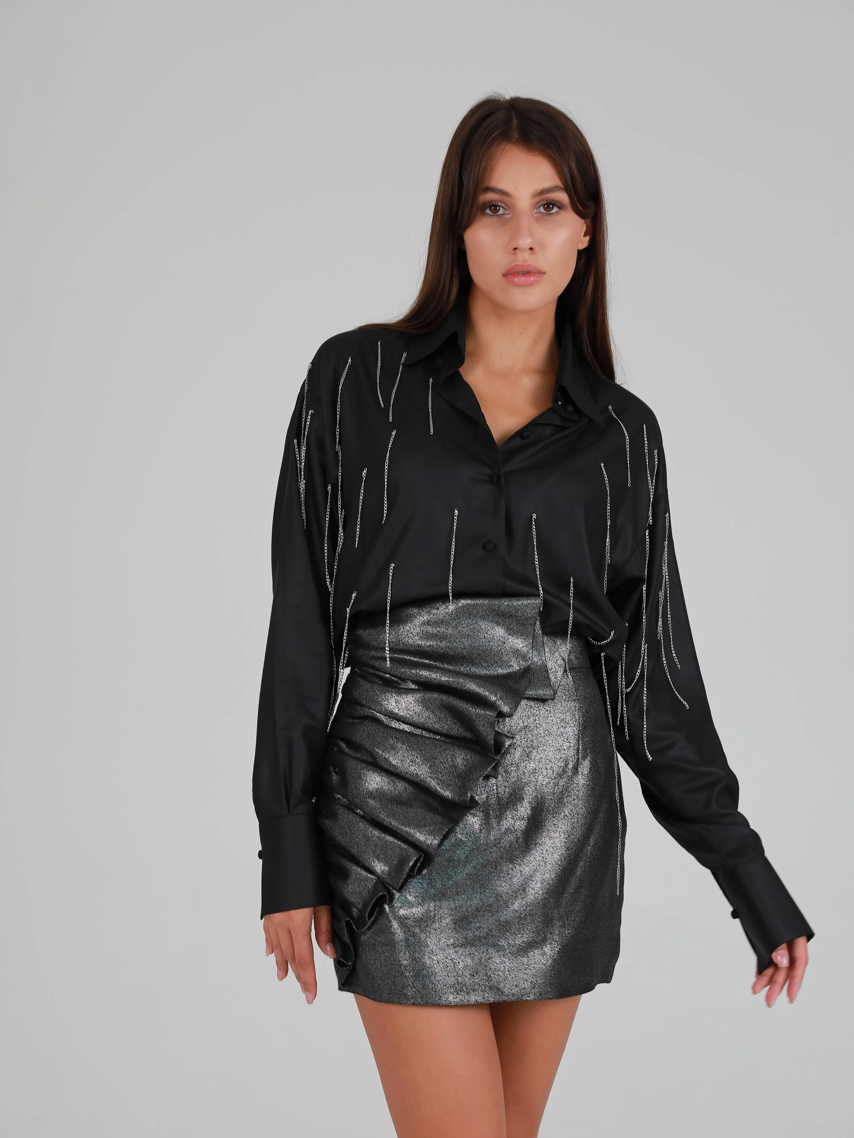 BD Linen-Blend Ruffled Skirt - Silver