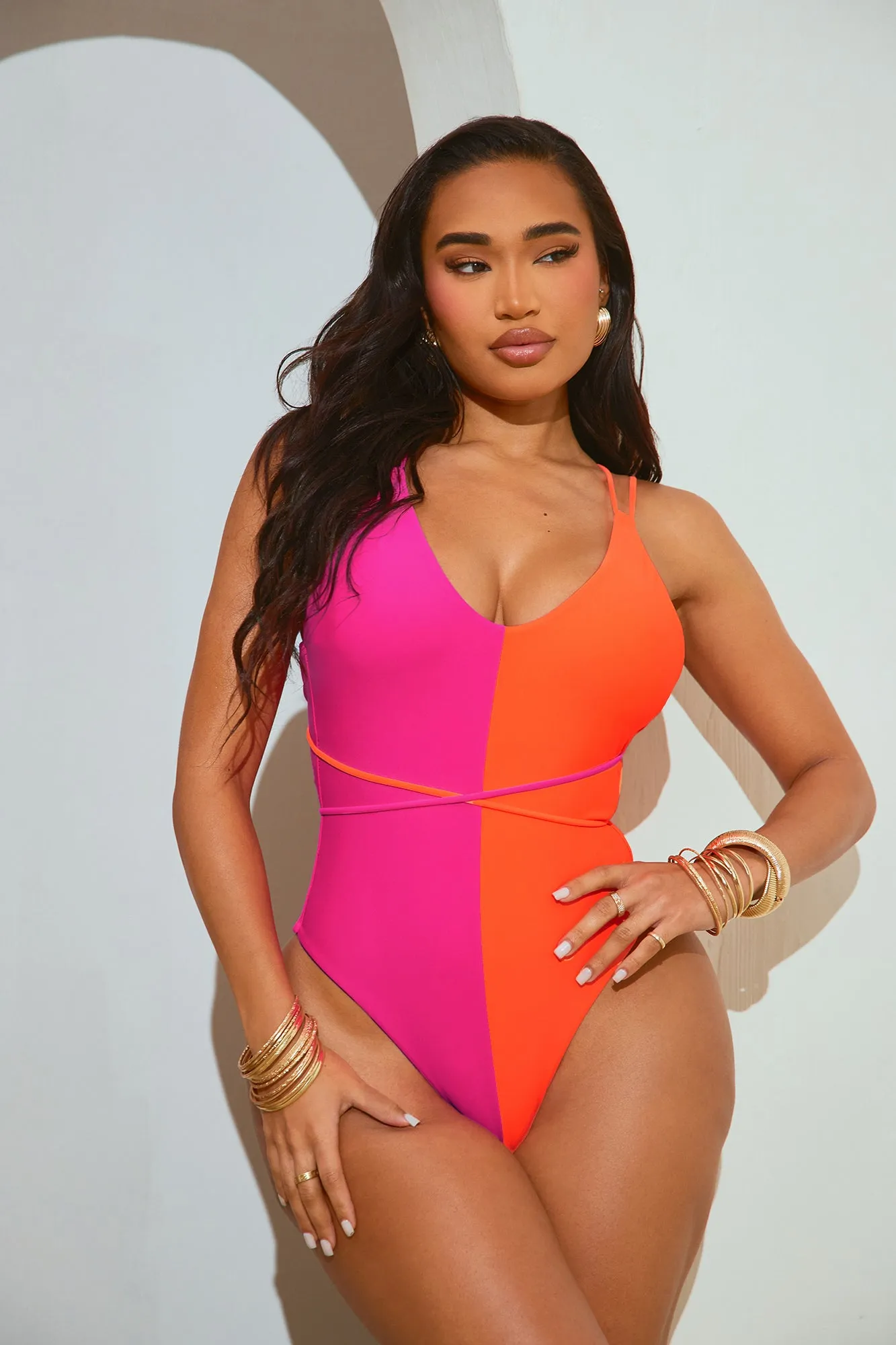Becky Colorblock 1 Piece Swimsuit - Neon Pink/combo
