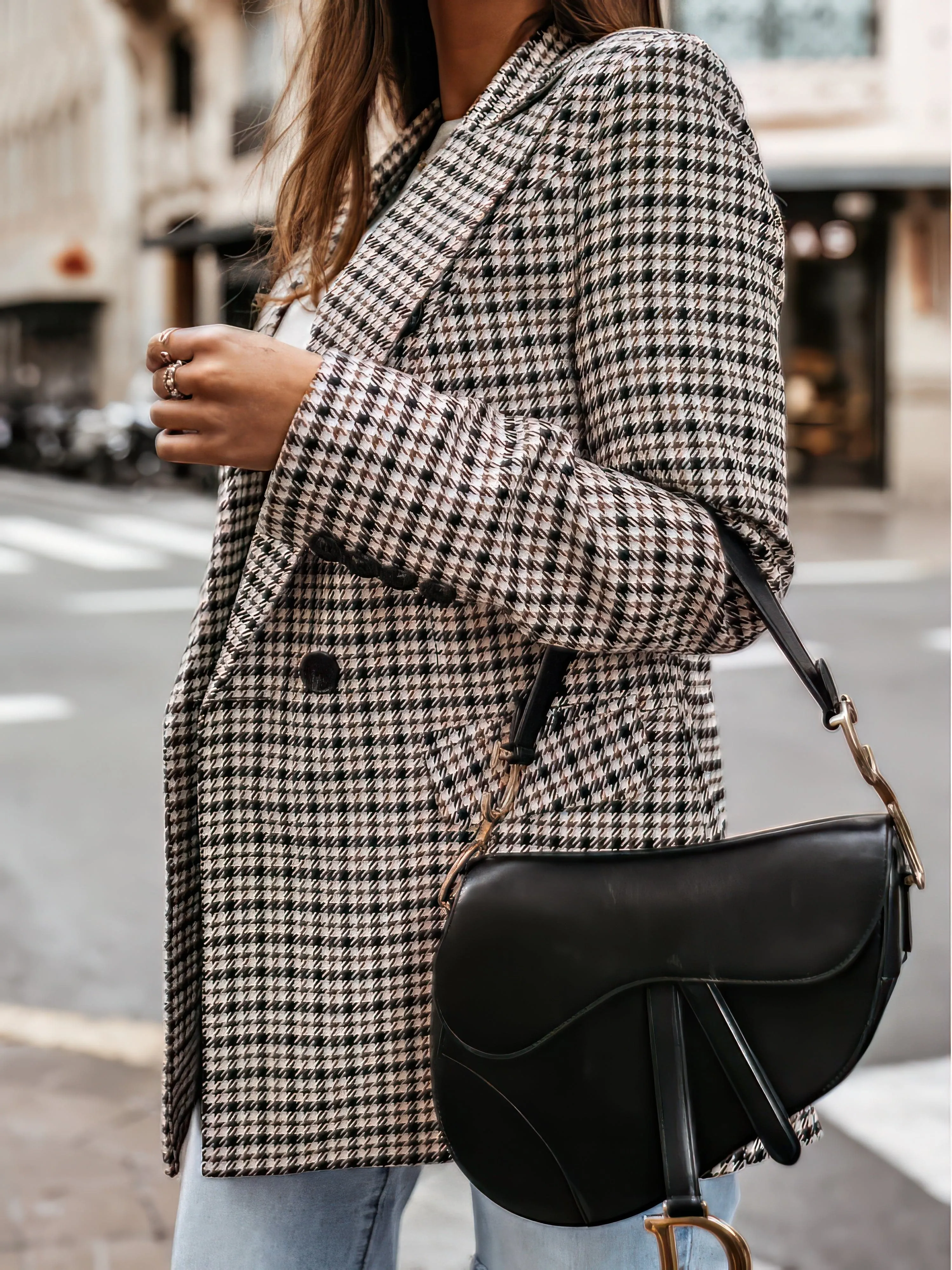 Beige and Black Checked Blazer
