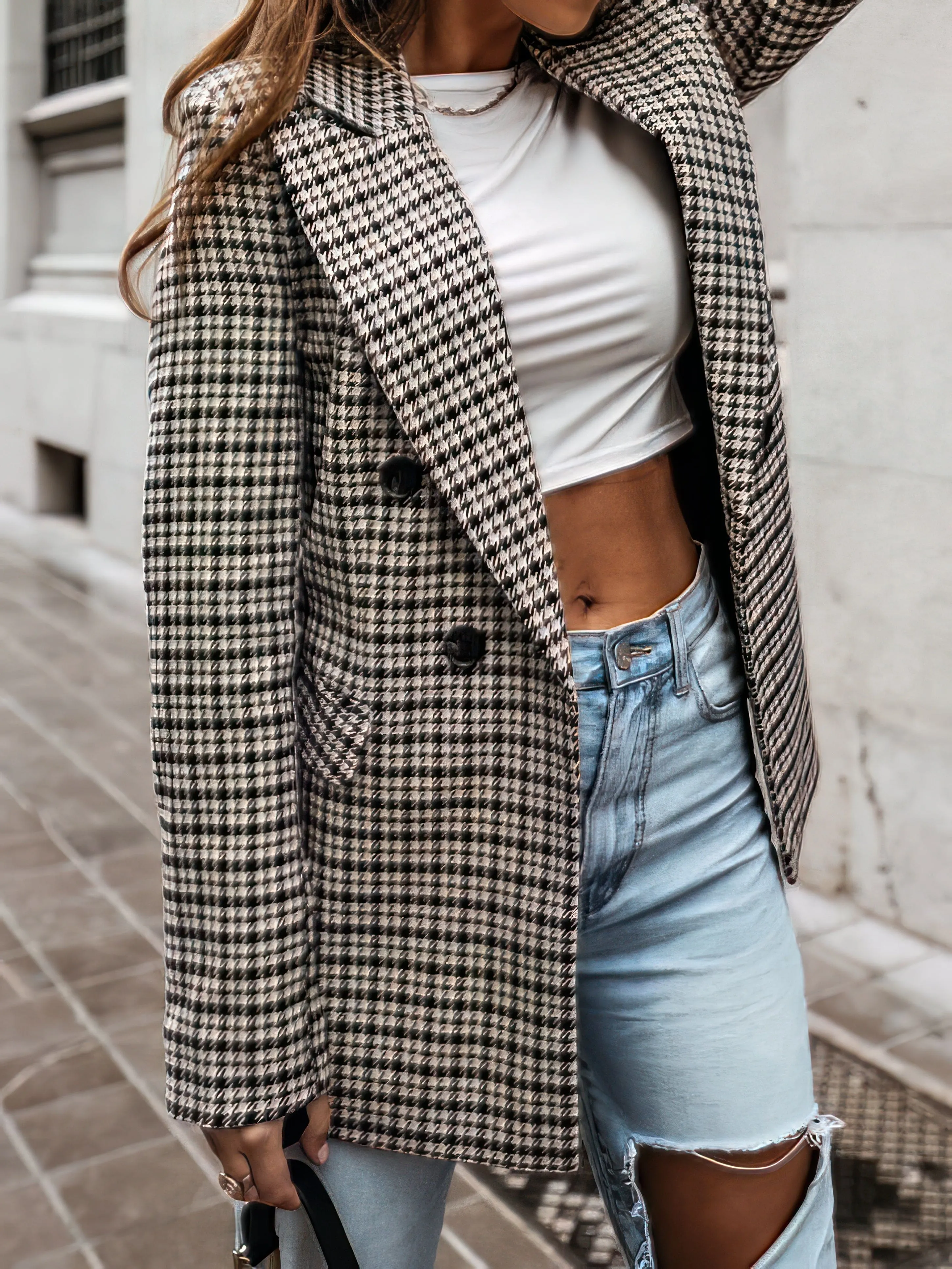 Beige and Black Checked Blazer