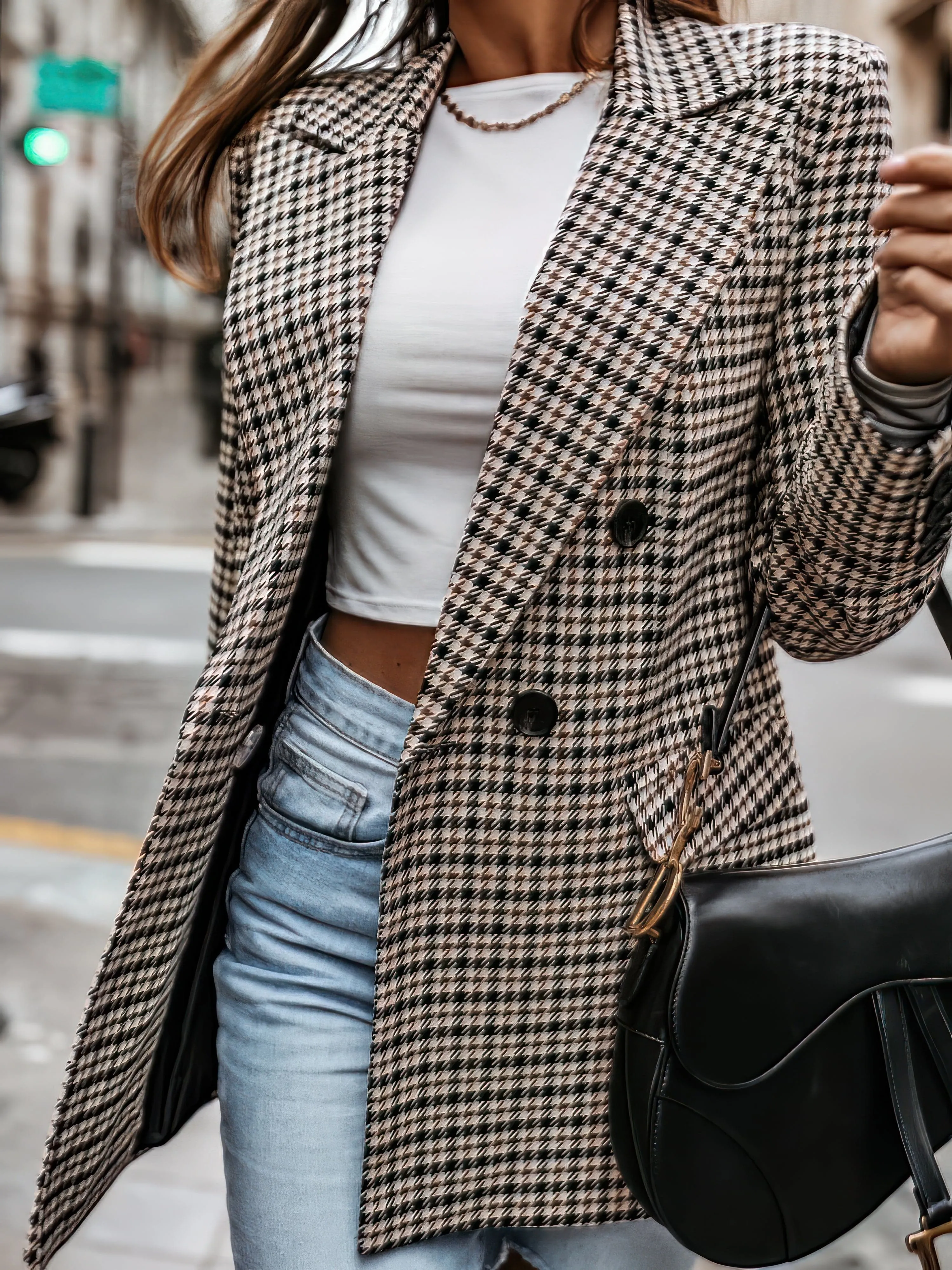 Beige and Black Checked Blazer