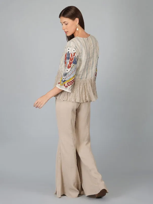 Beige Applique Sleeves Linen Gathered Top