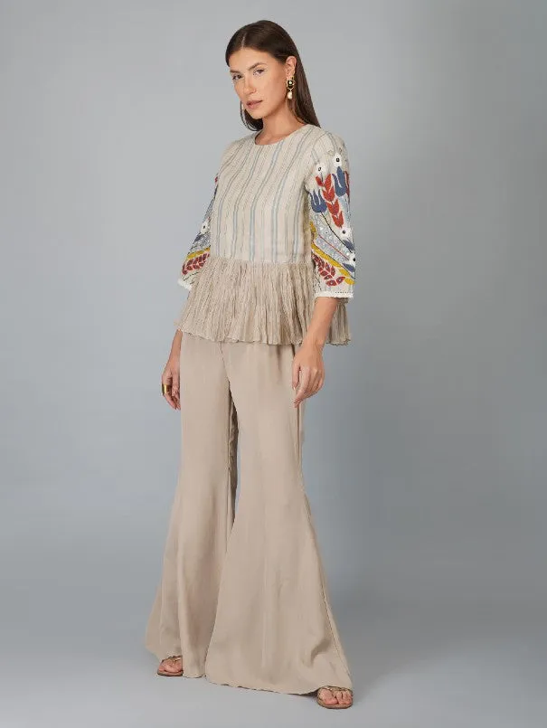 Beige Applique Sleeves Linen Gathered Top