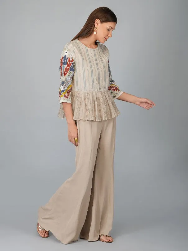 Beige Applique Sleeves Linen Gathered Top