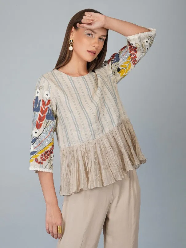 Beige Applique Sleeves Linen Gathered Top