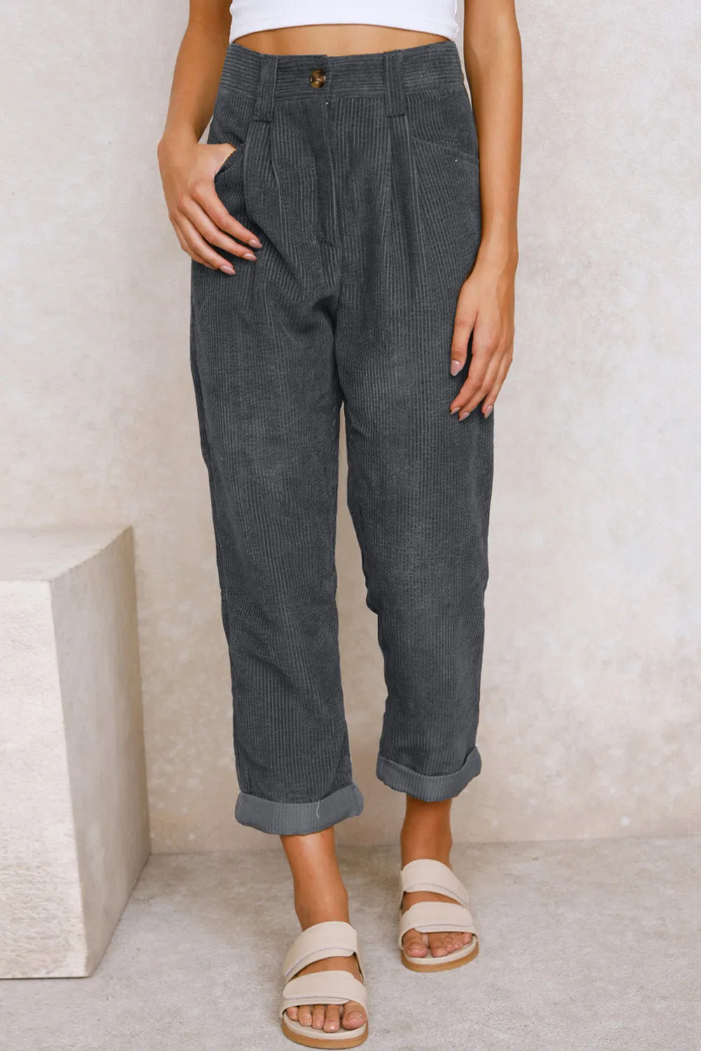 Beige Corduroy High Waist Straight Leg Pants