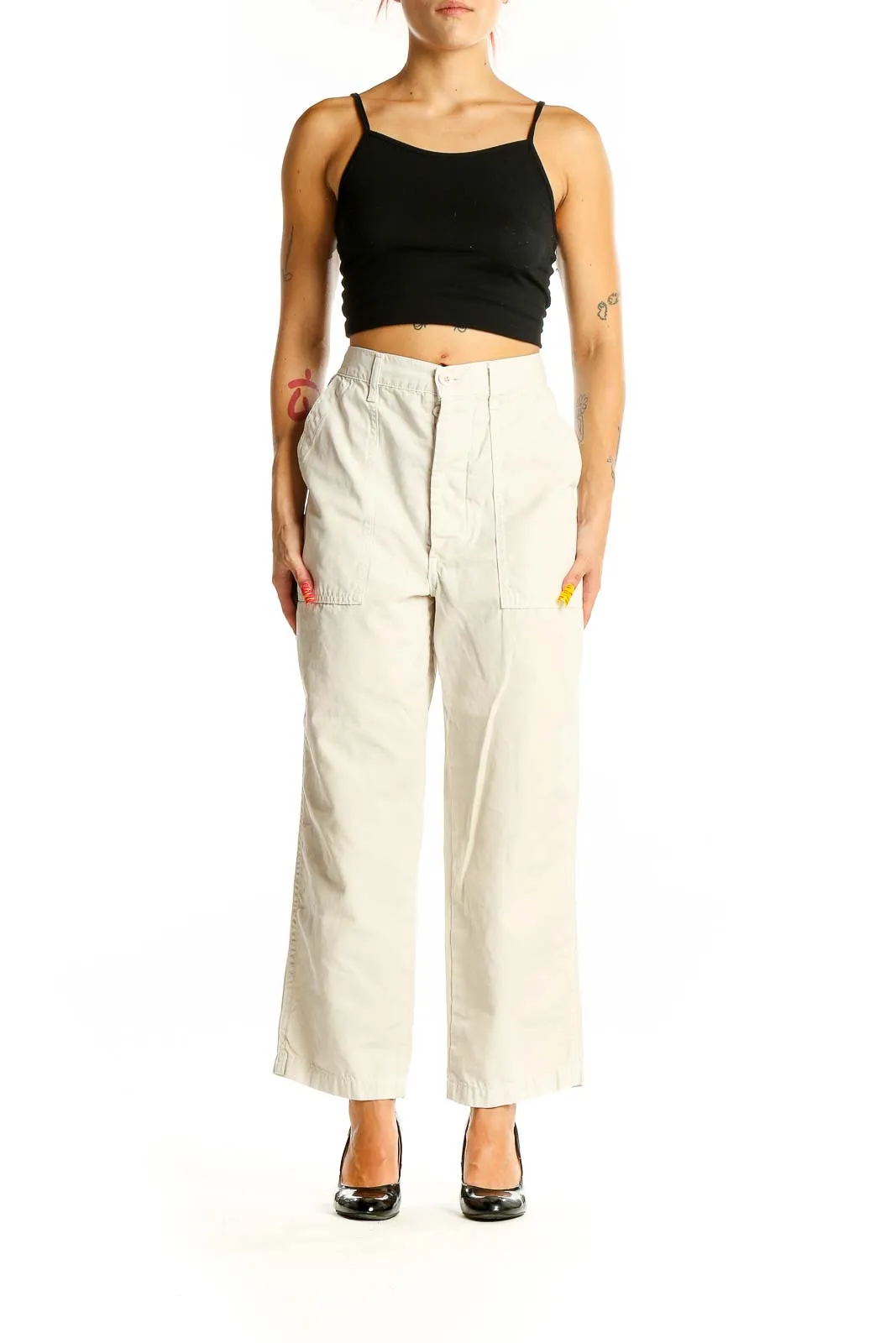 Beige Cotton Wide-Leg Pants