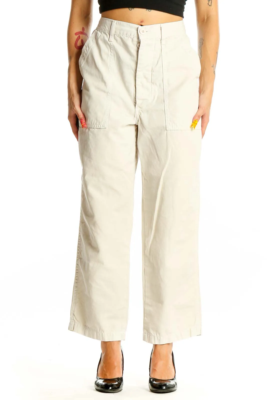 Beige Cotton Wide-Leg Pants