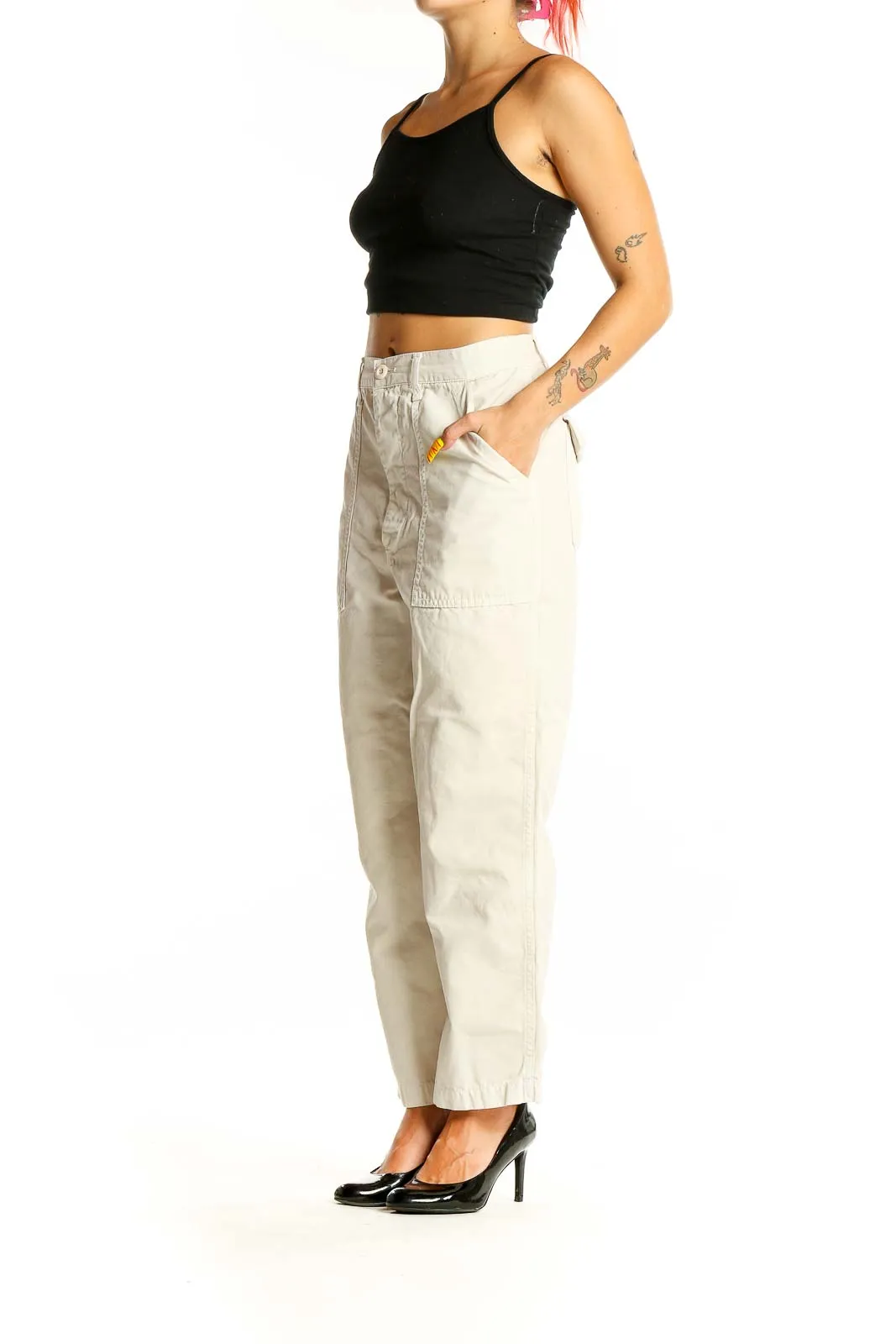 Beige Cotton Wide-Leg Pants