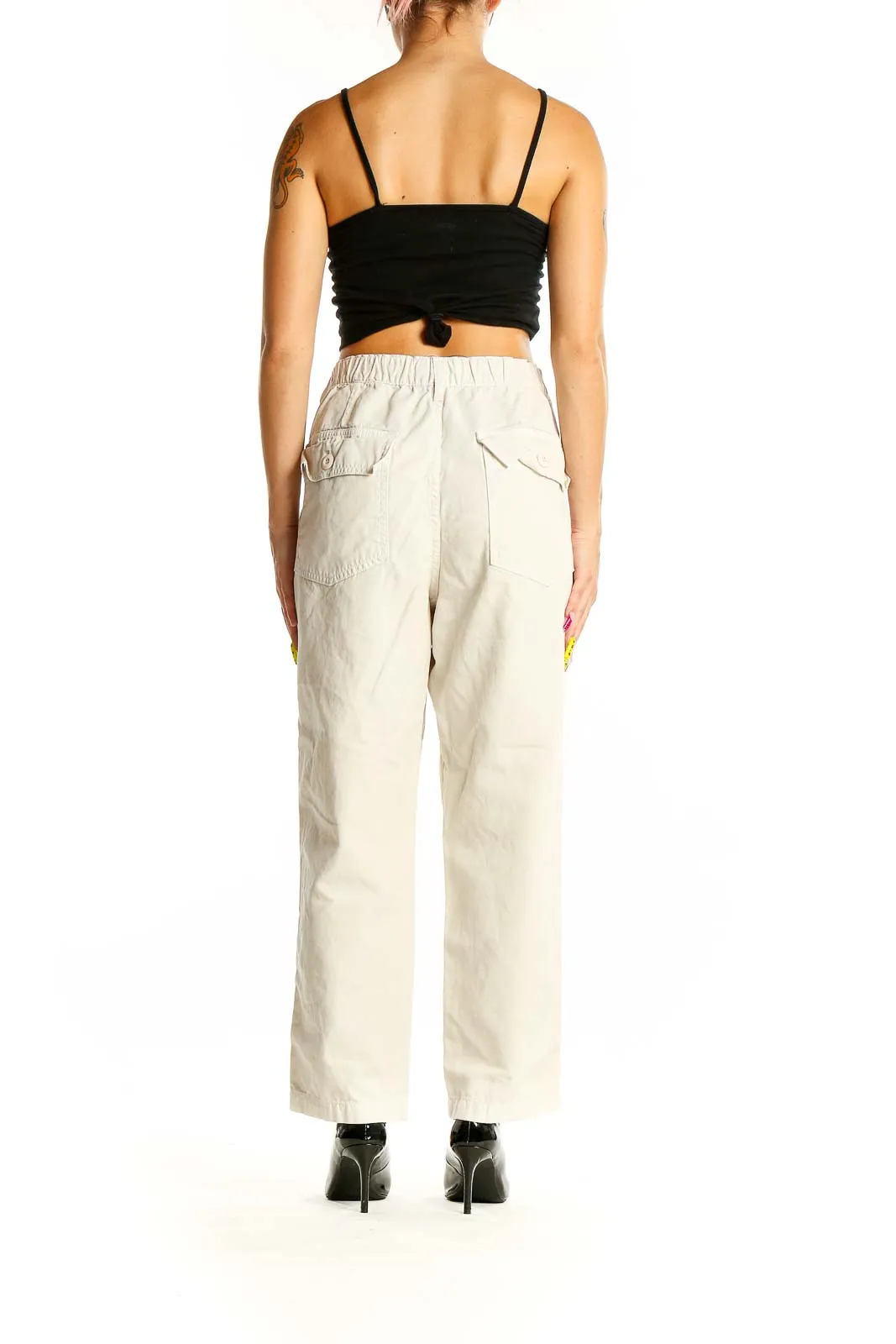Beige Cotton Wide-Leg Pants