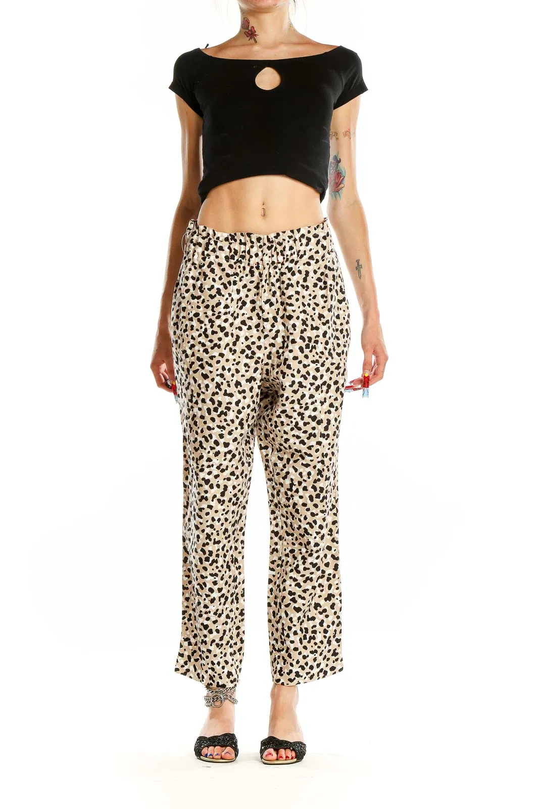 Beige Leopard Print Wide-Leg Pants