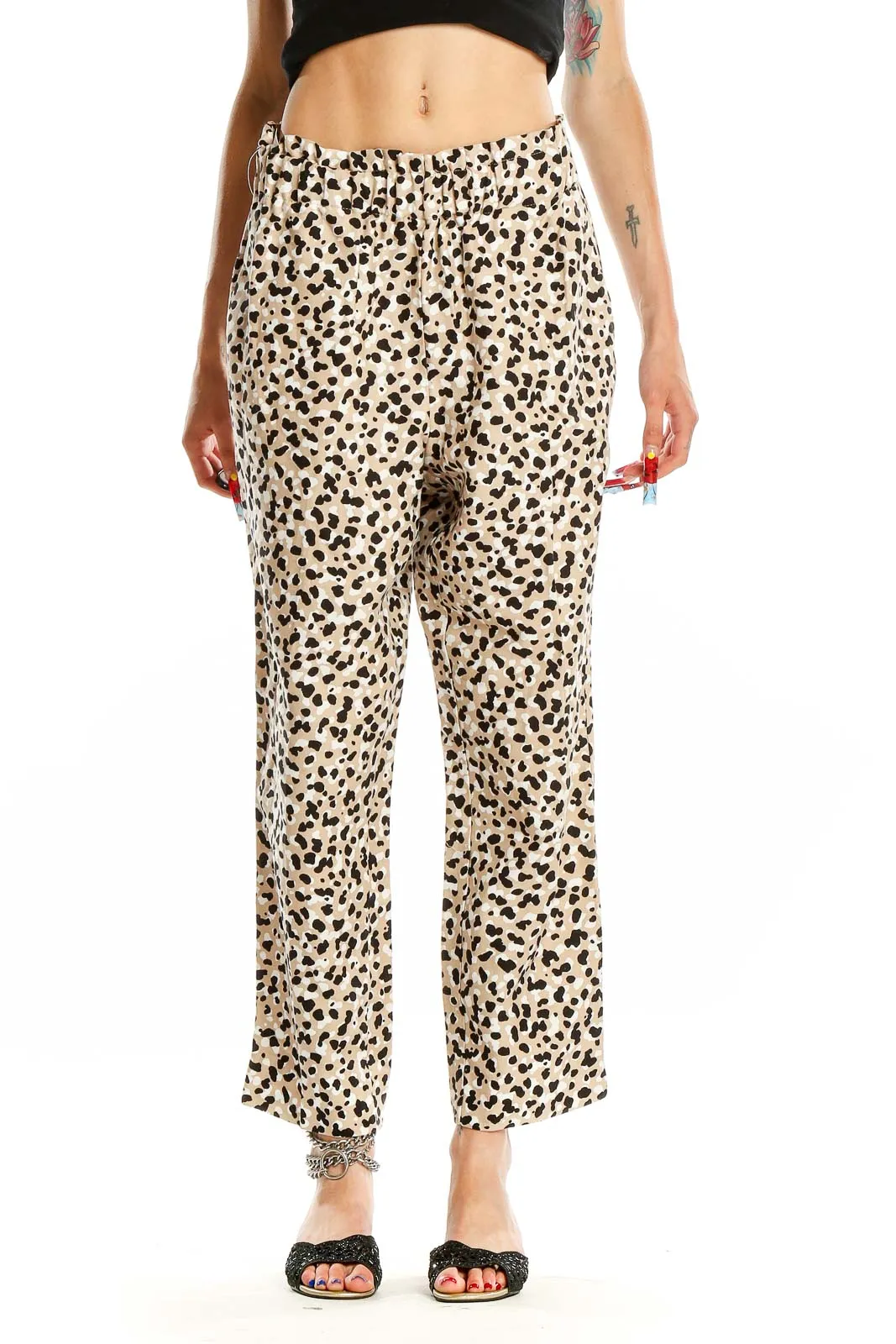 Beige Leopard Print Wide-Leg Pants