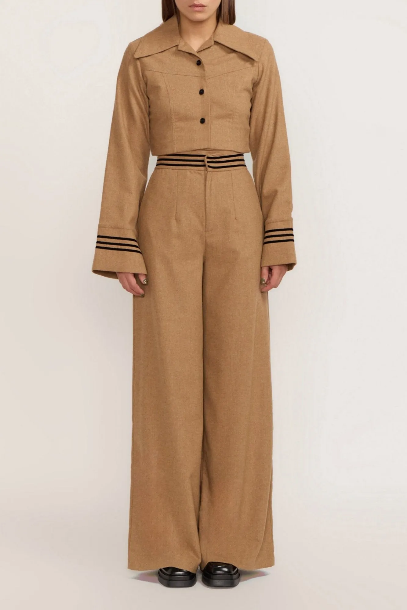 Beige Soft Wool Wide-Leg High-Waisted Trousers