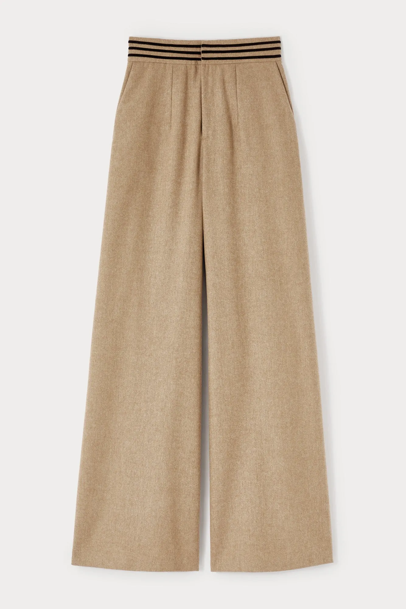 Beige Soft Wool Wide-Leg High-Waisted Trousers