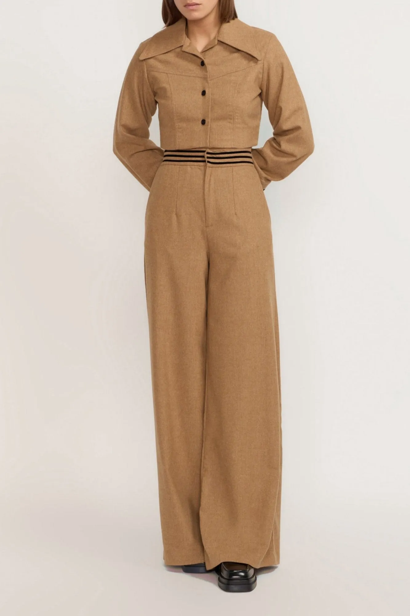 Beige Soft Wool Wide-Leg High-Waisted Trousers