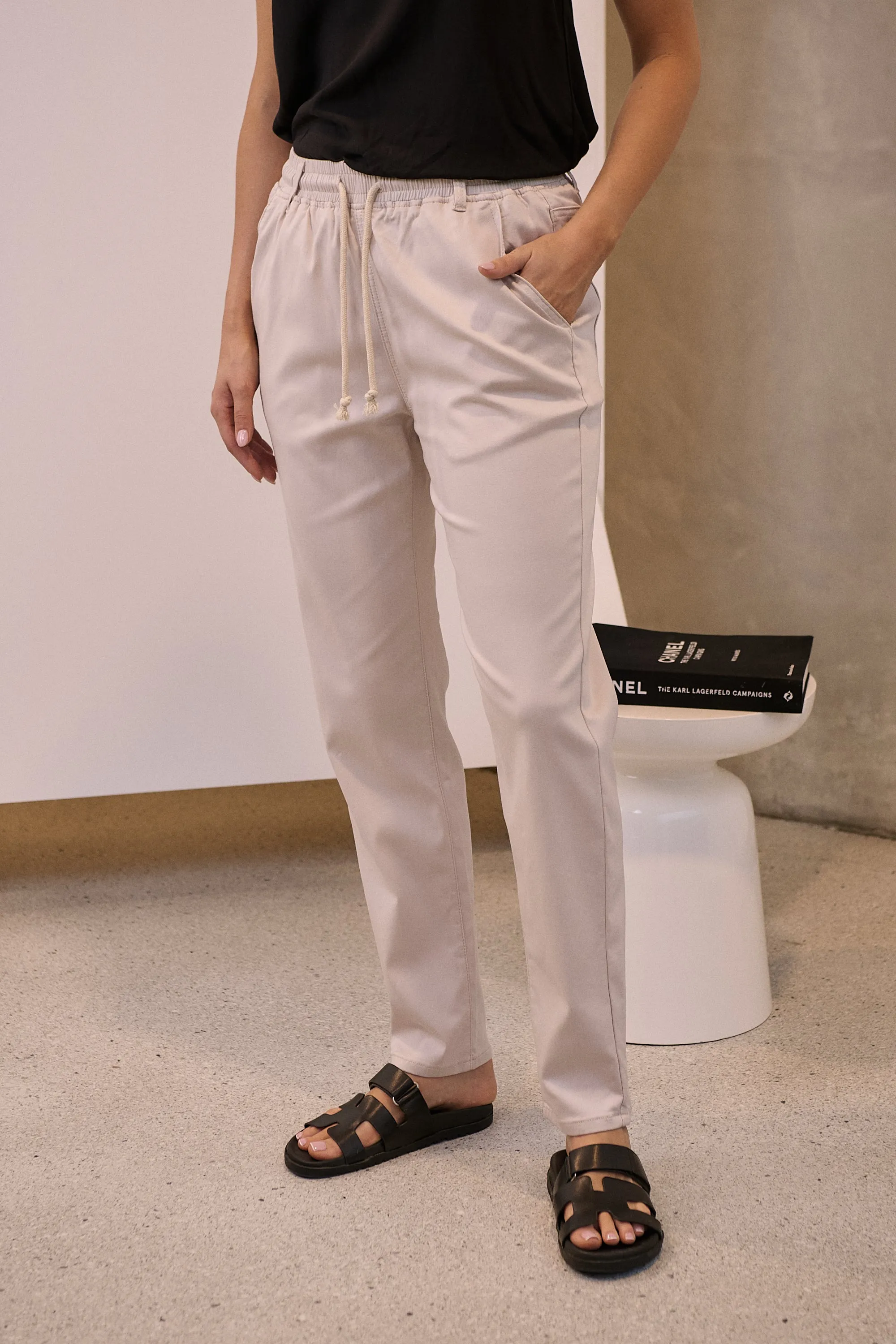 Beige Tie Waist Jogger Pants