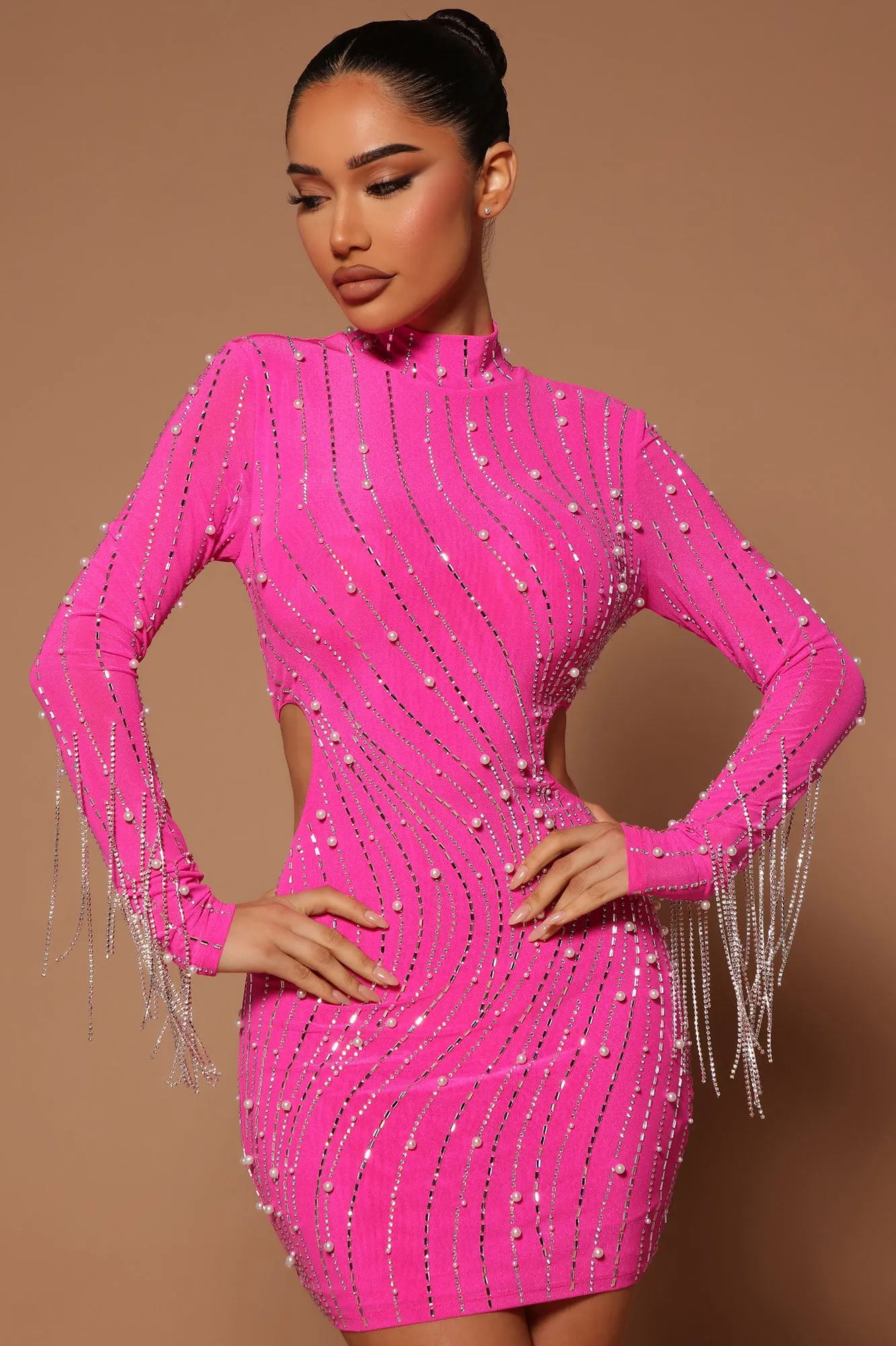 Belinda Embellished  Mini Dress - Neon Pink