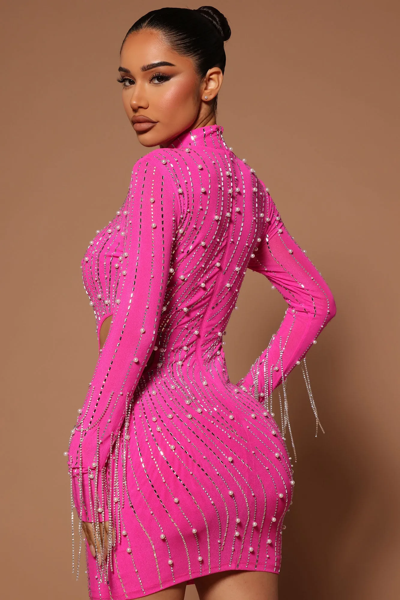 Belinda Embellished  Mini Dress - Neon Pink