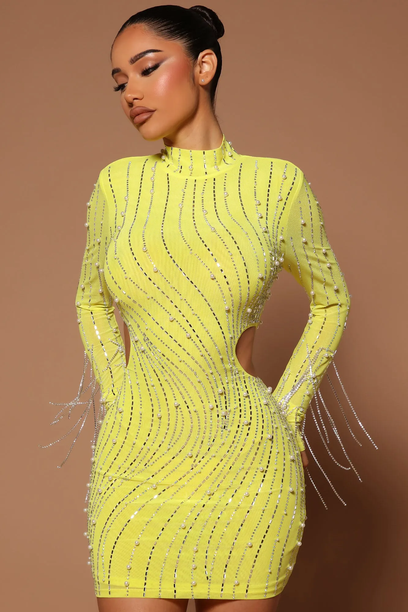 Belinda Embellished  Mini Dress - Neon Yellow