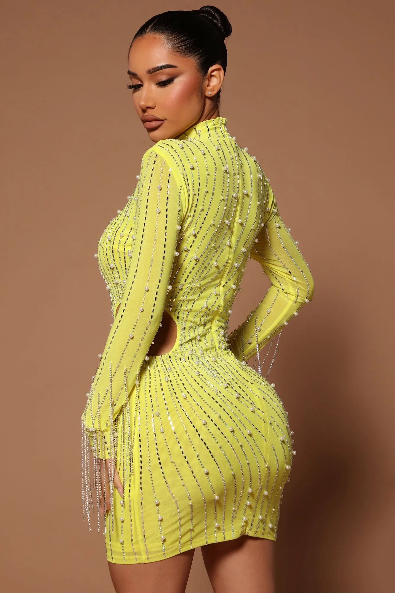 Belinda Embellished  Mini Dress - Neon Yellow