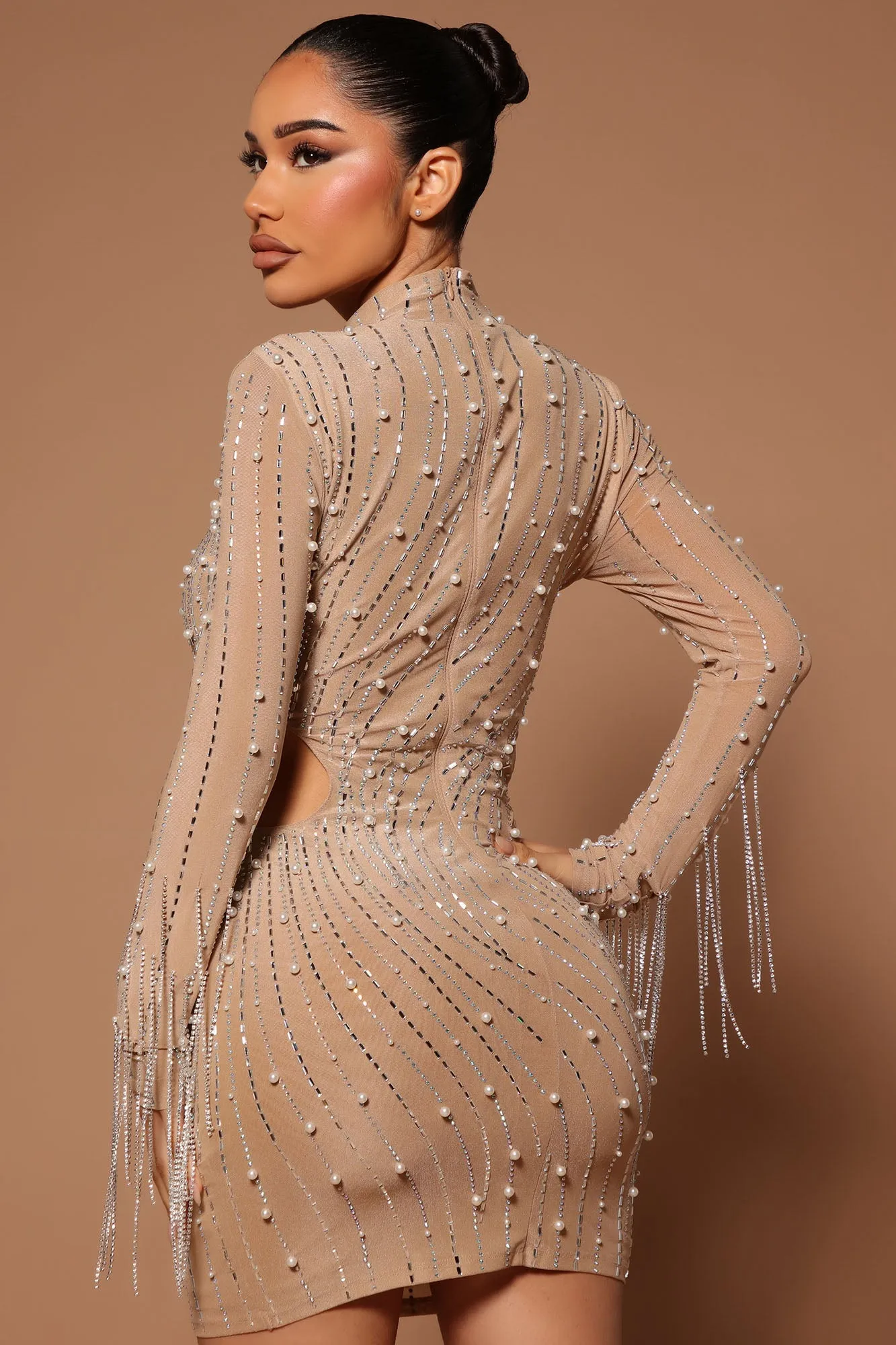 Belinda Embellished Mini Dress - Nude