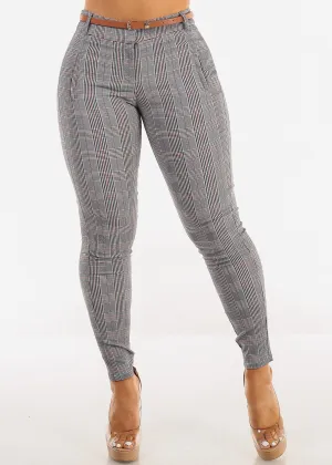 Belted High Waist Plaid Skinny Pants Navy