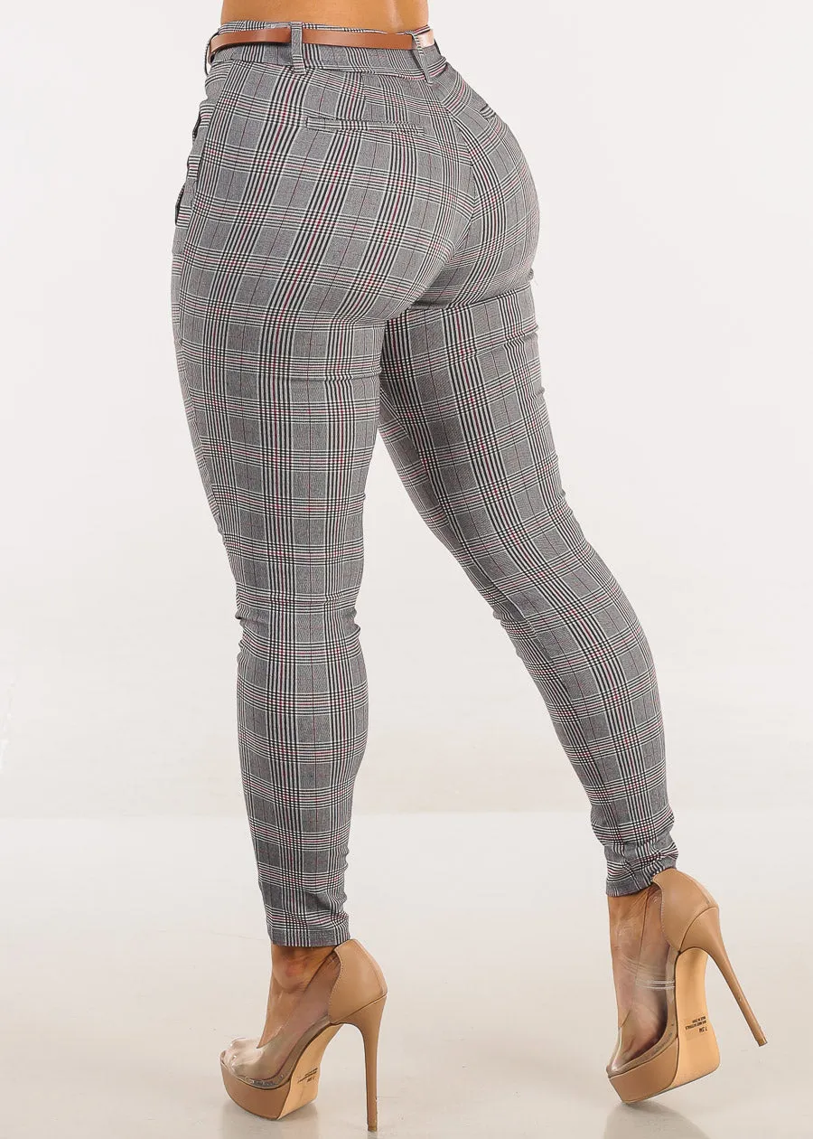 Belted High Waist Plaid Skinny Pants Navy