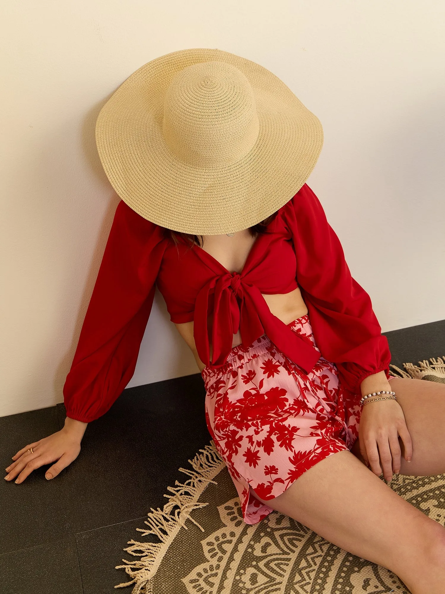 Berrylush Women Pink & Red Floral Printed High-Rise Elastic Waist Tie-Up Side-Slit Mini Summer Hot Pants