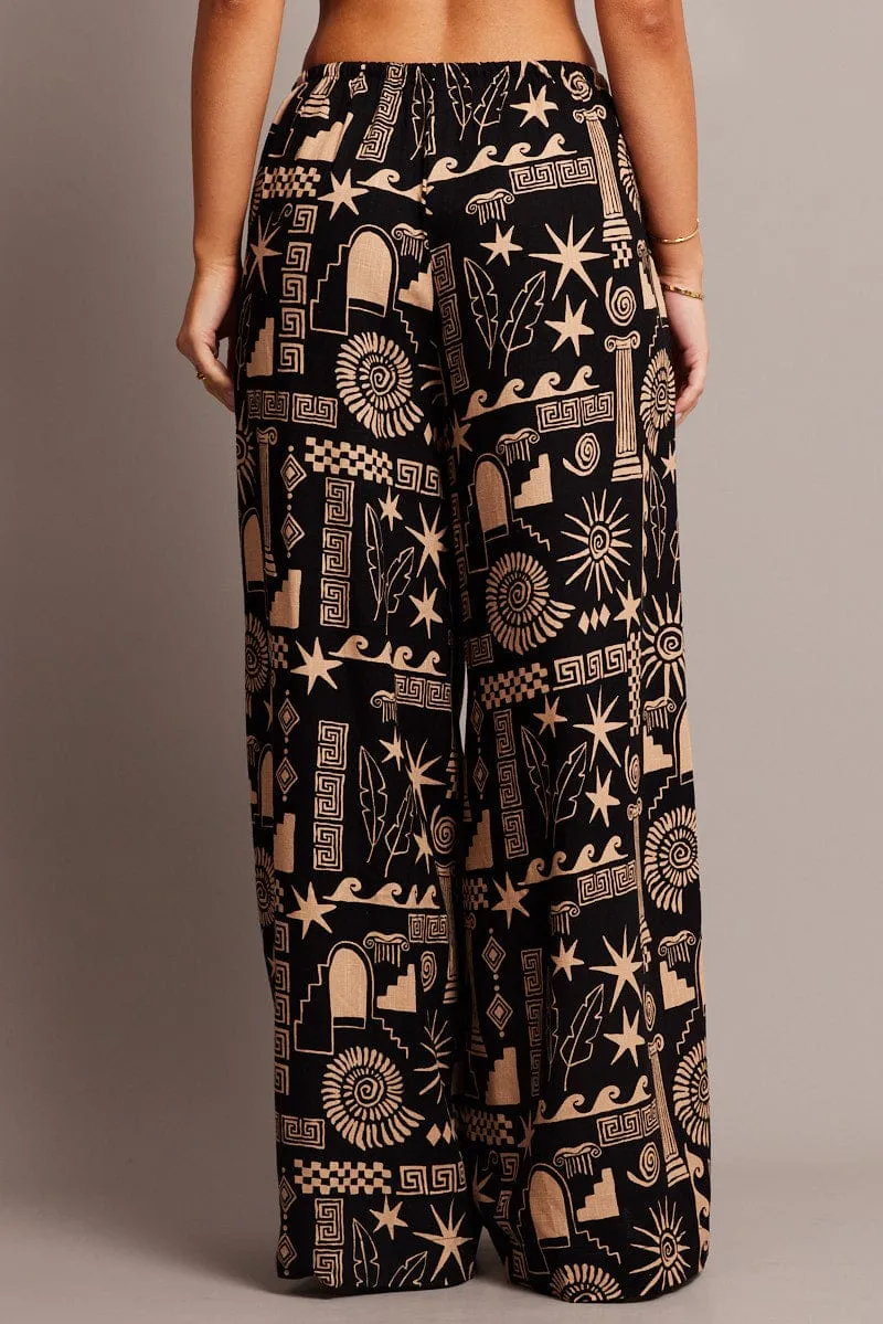 Black Abstract Wide Leg Pants High Rise