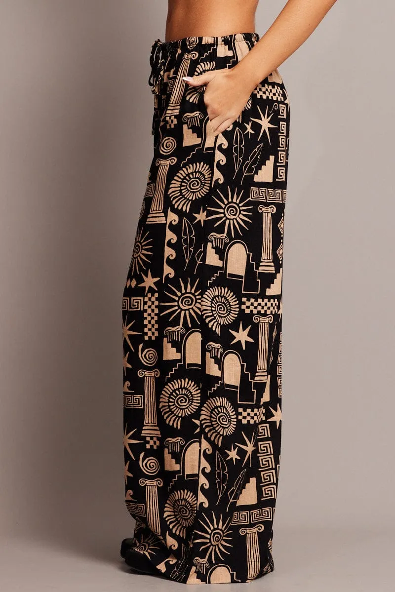 Black Abstract Wide Leg Pants High Rise