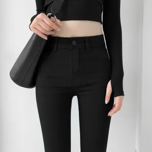 Black Denim Pants Women Ankle-Length Pants High Waist Fitted Slim Fit Long Look Stretchable Summer Pants